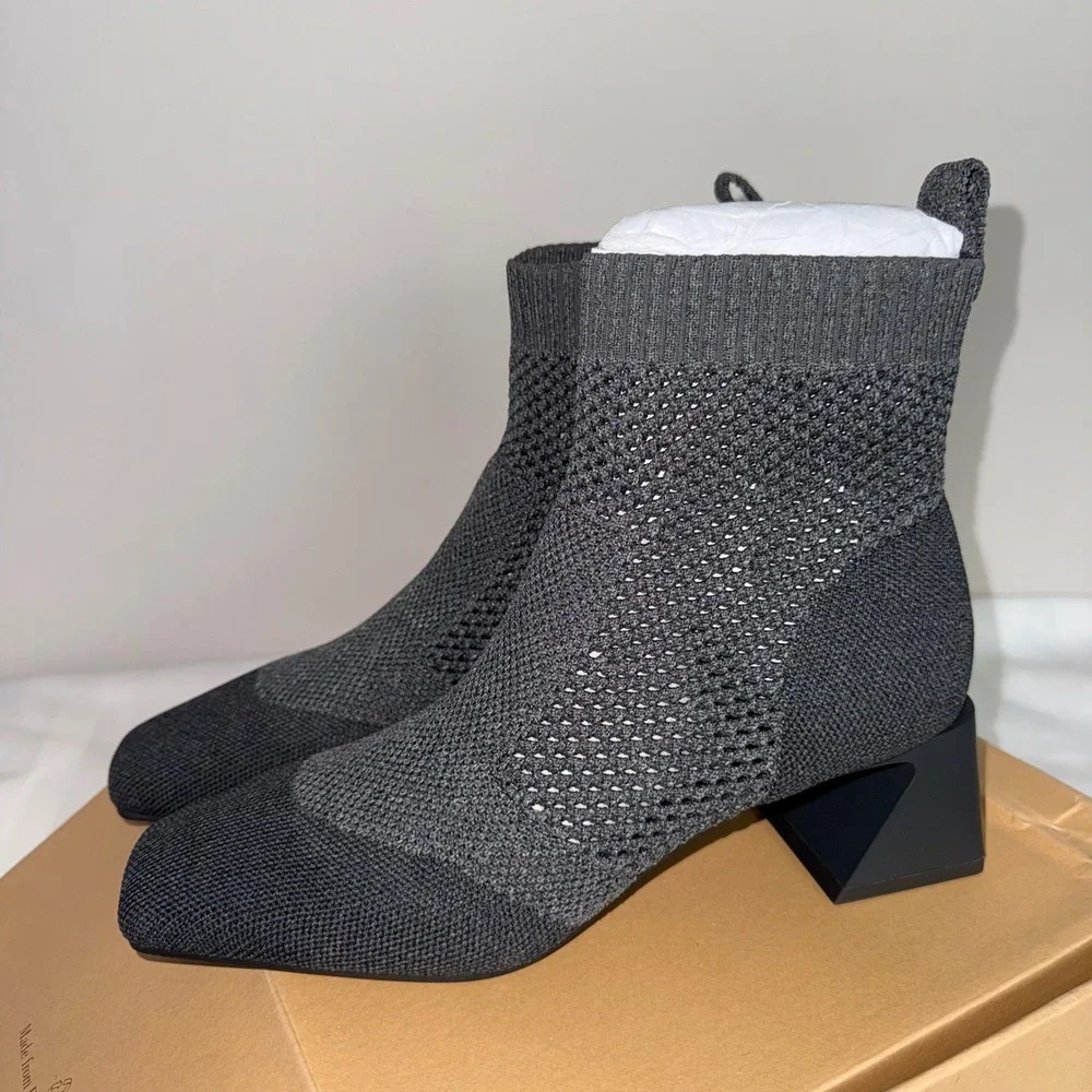 VIVAIA Grey Knit Sock Ankle Boots‎ Block Heel Square Toe Size US 7.5 EU 38.5